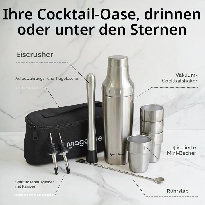 Cocktail Shaker Set mit Stapelbaren Bechern 900ml Premium Edelstahl Frostsicherer Doppelwand-Barkeep