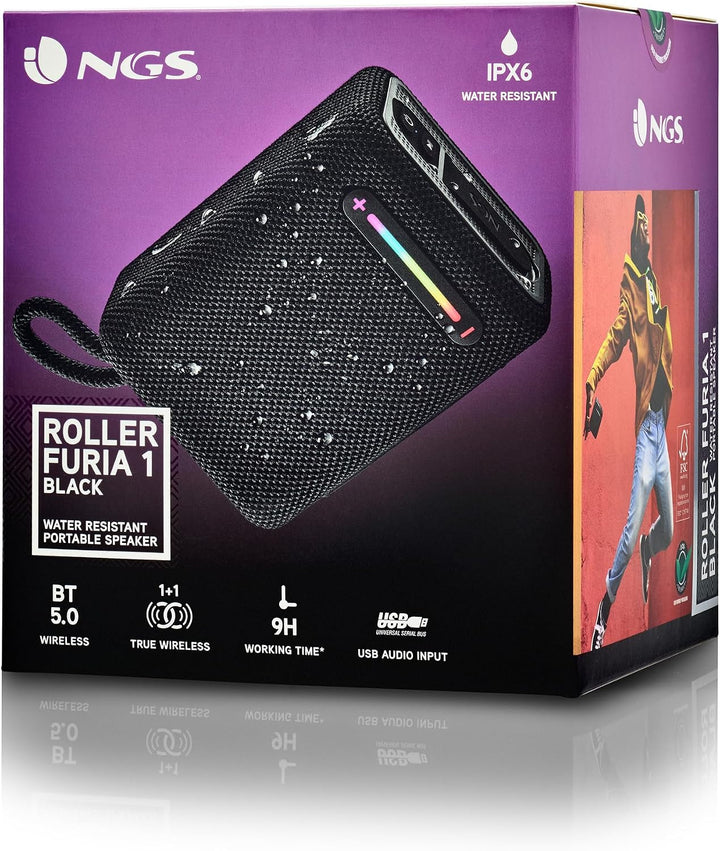 NGS Roller Furia 1 Black - Tragbarer Lautsprecher mit Bluetooth-Technologie, RGB-Lichtern, IPX6-Wass