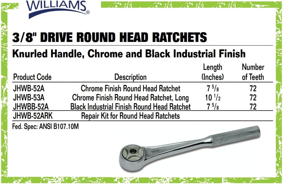 Williams B-53A 3/8-Zoll-Antrieb, lange Rundkopf-Ratsche Rundkopf-Ratsche 10 1/2 Inch Chrom-finish, R