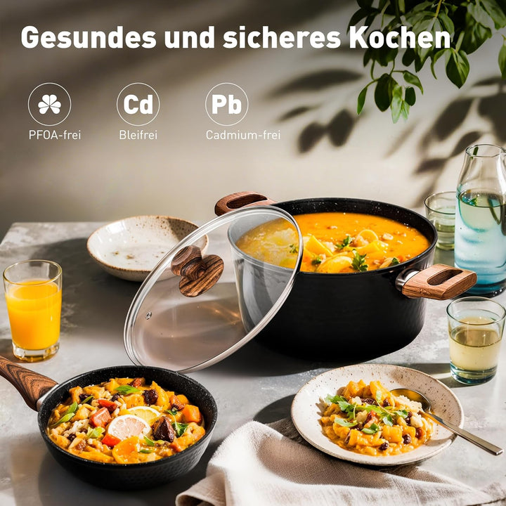 Kitchen Academy Topfset Antihaft mit Glasdeckeln Töpfe Set Pfannenset Granit Beschichteter Topf Indu