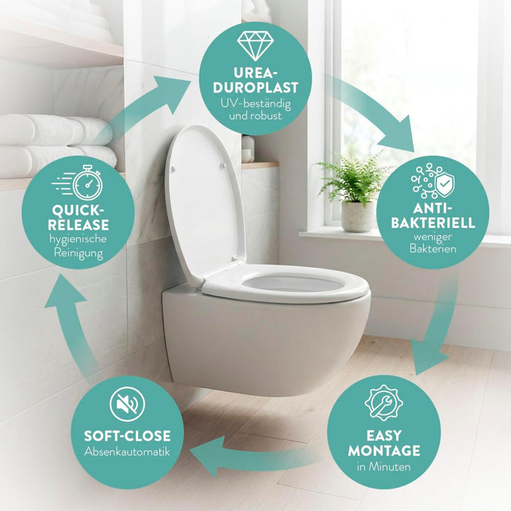 Benkstein® Premium Toilettendeckel antibakteriell oval weiss. Klodeckel mit Quick-Release-Funktion u