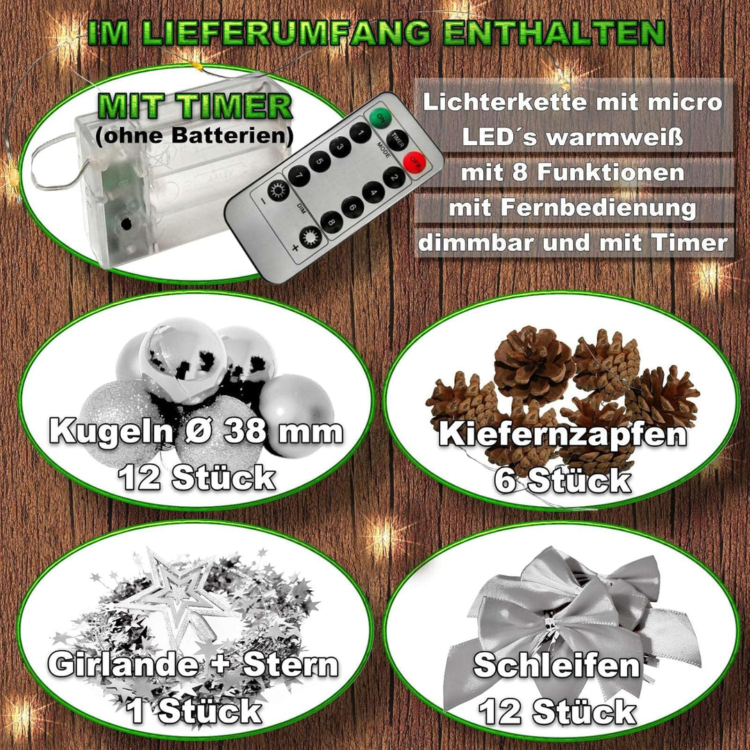 Weihnachtsbaum künstlich (WBD) 60 cm grün mit Weihnachtsdeko Silber und Led Lichterkette mit Batteri