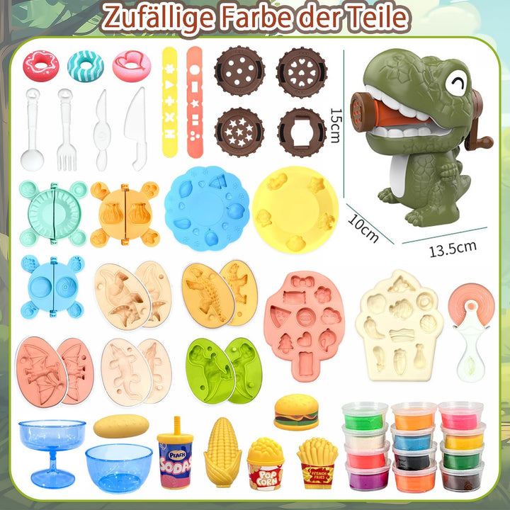 Dinosaurier Knete Set 42-teilig mit Kitchen Creations Nudelmaschine,5 Dino Eierformen,12 Farben Knet