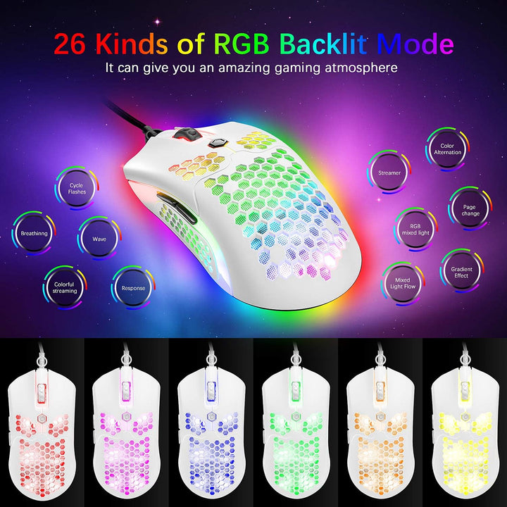 MAMBASNAKE Kabelgebundene leichte Gaming-Maus 65G, 26 RGB-beleuchtete USB-Gaming-Mäuse und 7 program
