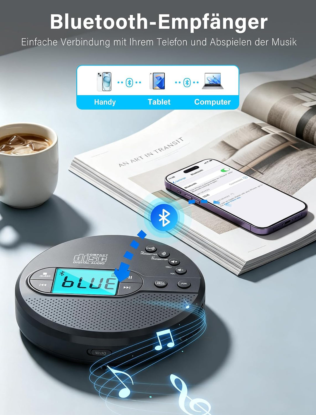Walkman CD-Player mit Bluetooth - 2000mAh Wiederaufladbarer Discman CD-Player mit FM-Transmitter, Ko
