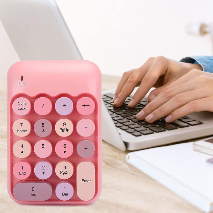 Dpofirs X910 Wireless Ziffernblock mit 18 Runden Tasten, Rosa wasserdichte USB-Ziffernblock Im Retro