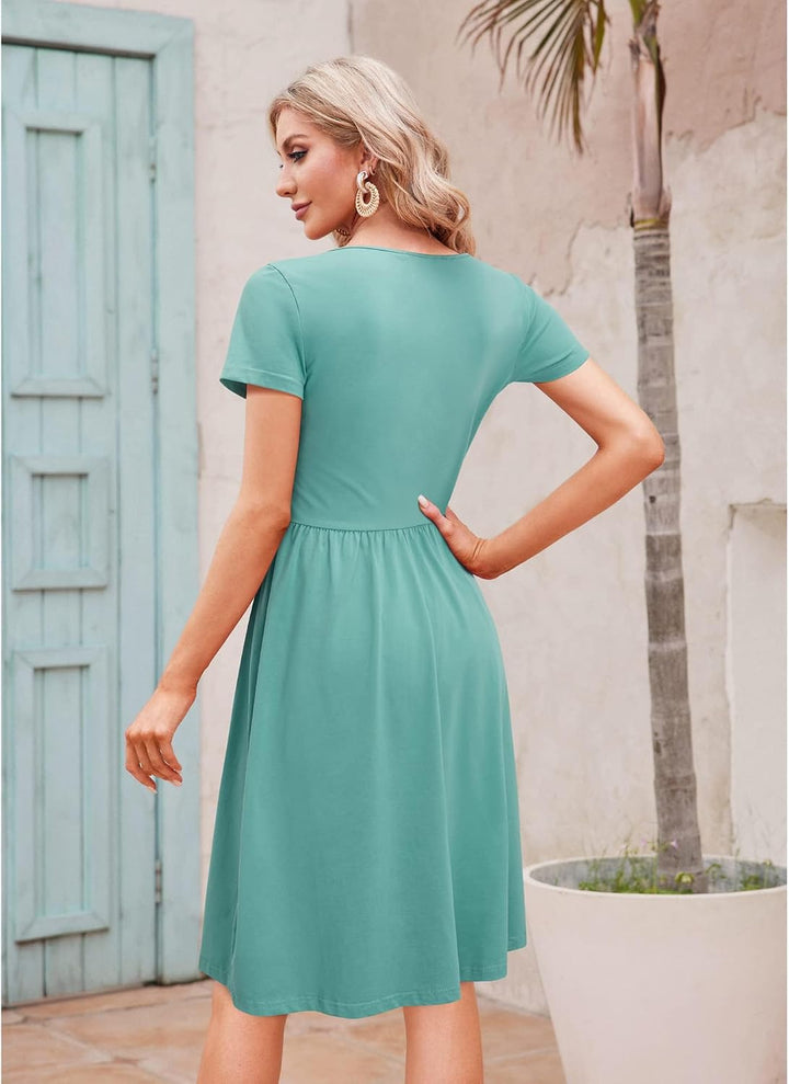 OUGES Sommerkleid Damen Casual Kleid V-Ausschnitt Midi Kleider Knopfleiste Freizeitkleid mit Taschen