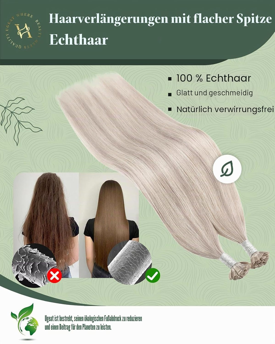 Ugeat Bonding Extensions Echthaar 35 cm Aschblond Gerade Flat Tip Extensions Echthaar Bondings Glatt