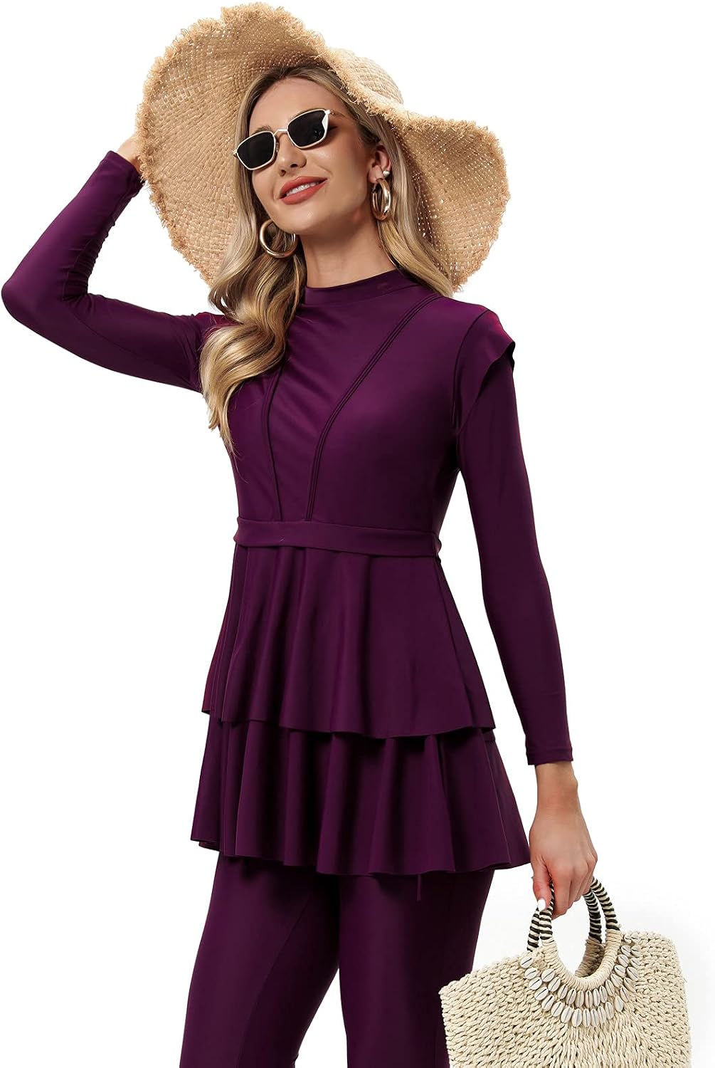 seafanny Damen Modest Badeanzug Langarm Burkini Full Cover Muslim Badeanzug 46 Wein Rot, 46 Wein Rot