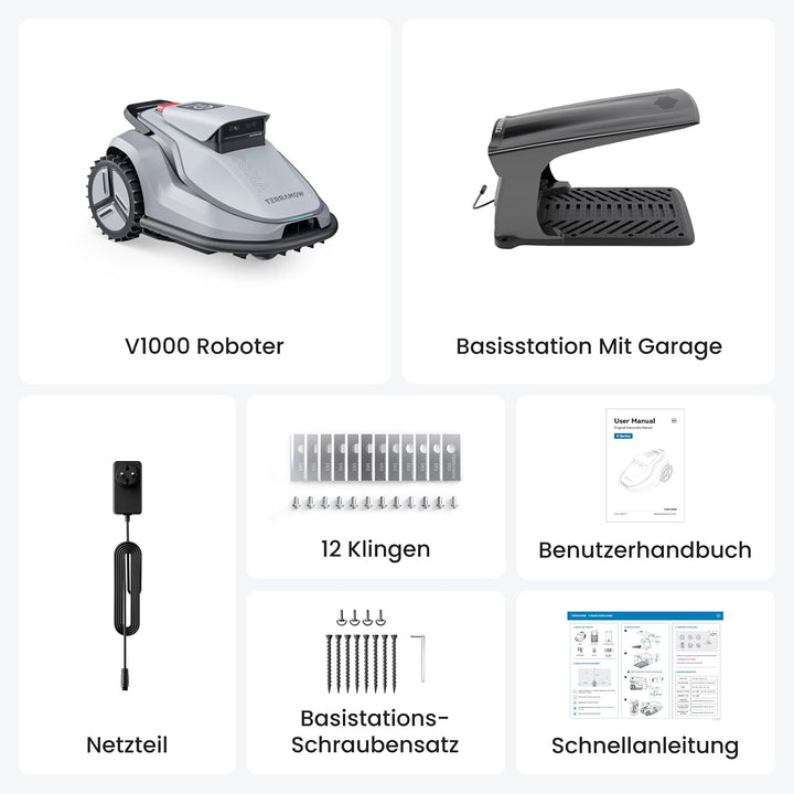 Terramow V1000 Mähroboter ohne Begrenzungskabel mit Garage, Tri-AI-Vision-Technologie ohne Draht-/RT