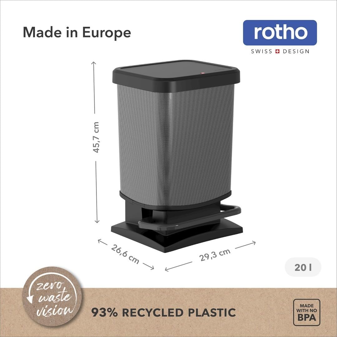 Rotho Paso Mülleimer 20l mit Pedal und Deckel, Kunststoff (PP) BPA-frei, carbonmetallic, 20l (29.3 x