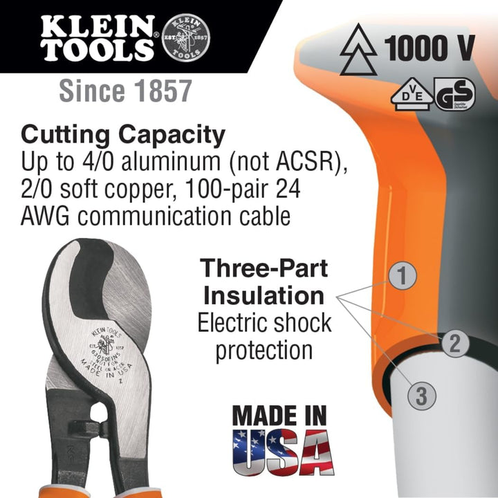 KLEIN TOOLS Elektriker-Kabelschneider, isoliert, hohe Hebelwirkung Slim, Slim