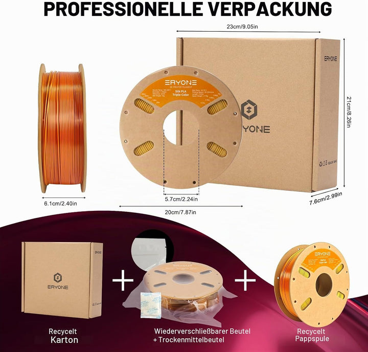 ERYONE Dreifarbiges Seiden PLA Filament 1.75mm,Seidiges Mehrfarbiges PLA-Filament für 3D-Drucker +/-