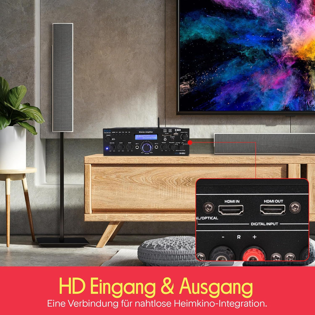 Pyle HiFi Verstärker, 200W Bluetooth Stereo Receiver mit HDMI, USB, UKW, AUX &amp; Mic- Eingang, Mehrkan