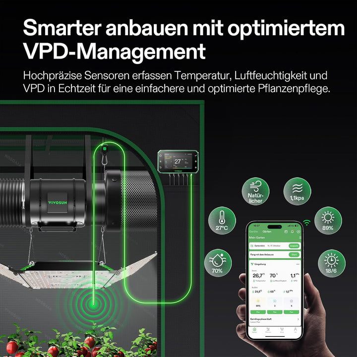 VIVOSUN Smart Rohrventilator 200mm Abluftventilator 1232m³/h mit EC-Motor und GrowHub E42A+ VPD-Regl