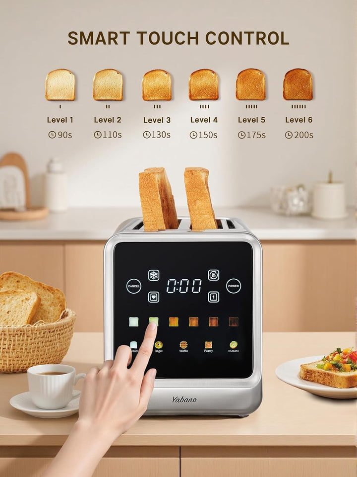 Yabano Toaster 4 Scheiben mit Touchscreen &amp; Memory-Funktion, Single-Slice-Technologie, Timer, Auftau