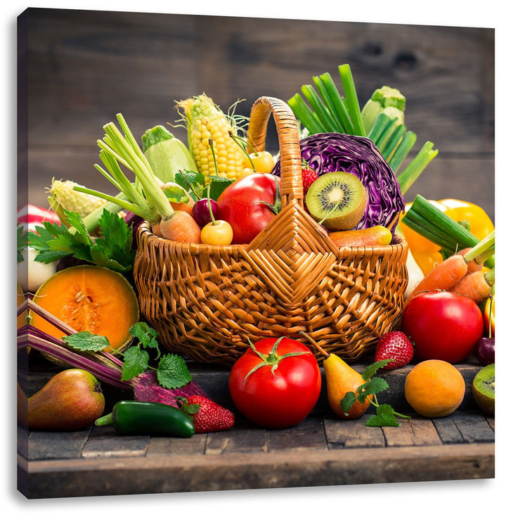 Pixxprint Frisches Obst und Gemüse im Korb, Format: 70x70 auf Leinwand, 70x70