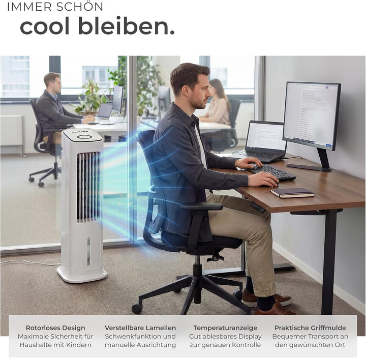 tectake® Luftkühler, 4in1, extrem leise, energiesparend, mit 5 l Wassertank, Touch-Display, 3 Modi,