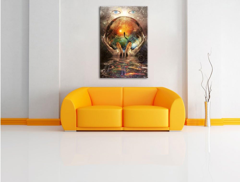 Pixxprint Glaskugel in der Hand mit abstrakten Hintergrund, Format: 100x70 auf Leinwand, 100x70