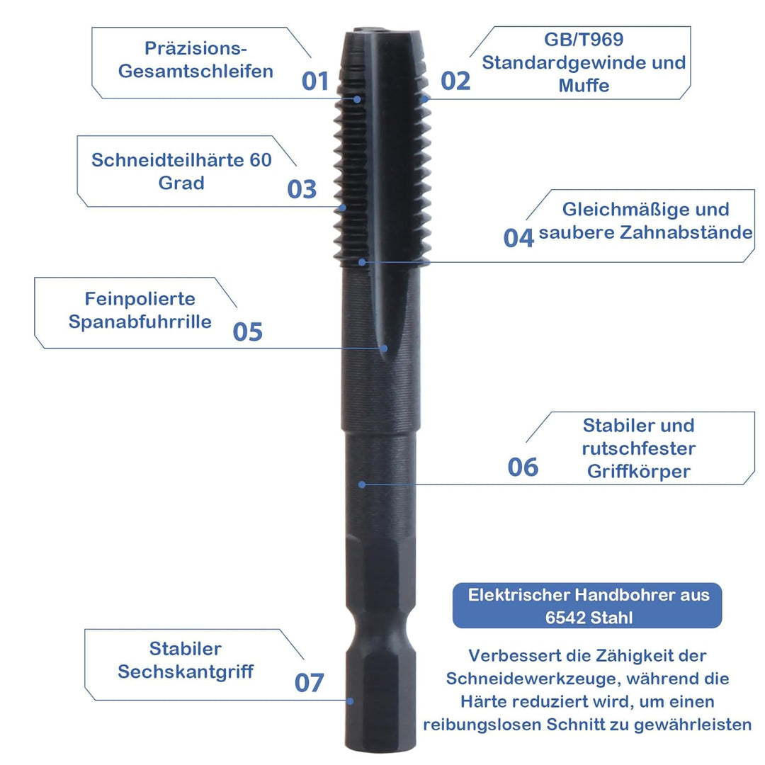 KEWAYO 5 Stück Gewindeschneider Bit Set M4 -M10, HSS Nitrieren Gewindebohrer Bit Satz, Metric Gewind
