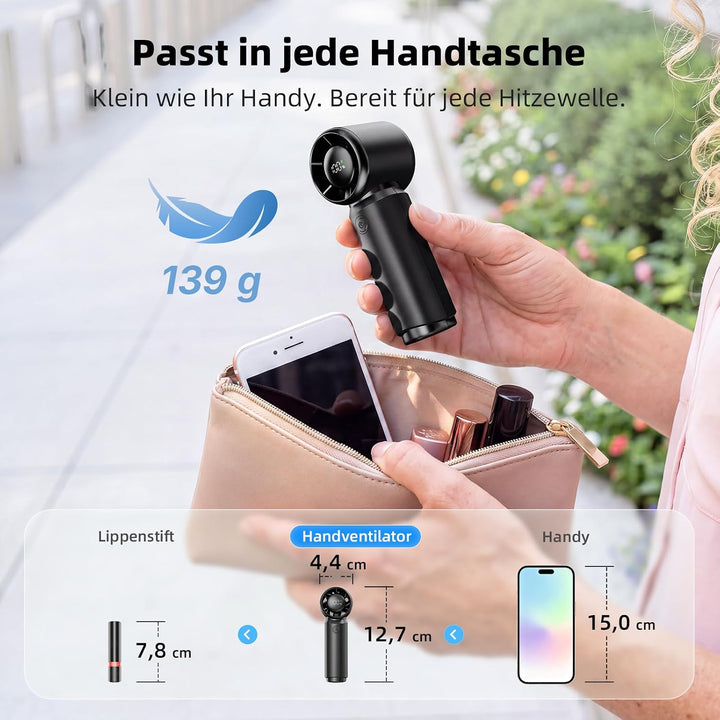 Otlonpe Handventilator Akku Aufladbar, 4000 mAh Klein Mini Ventilator Hand Schwarz, Schwarz