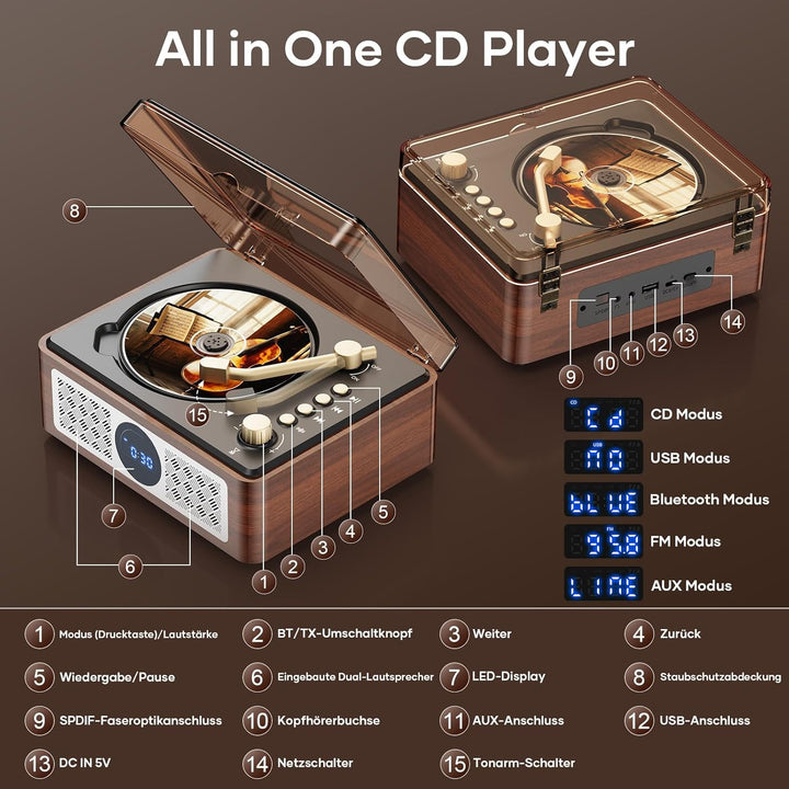 Bluetooth CD Player Tragbar mit Fernbedienung - Retro CD Spieler Klein mit FM-Radio,Lautsprecher,und