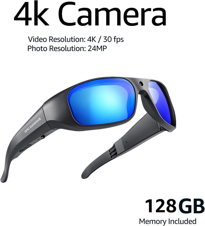 OHO 4K Water Resistance Video Sunglasses, Sports Action Camera with Built-in Memory and Polarized UV