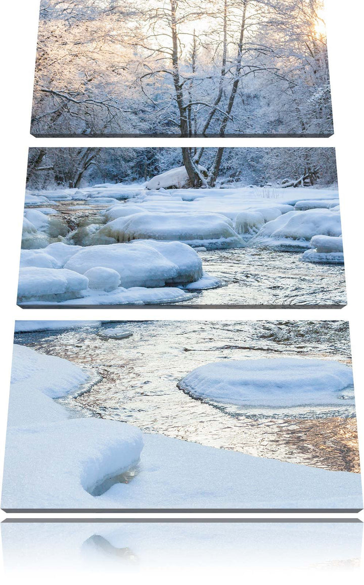 Pixxprint Bach in Winterlandschaft 3-Teiler Leinwandbild 120x80 Bild auf Leinwand