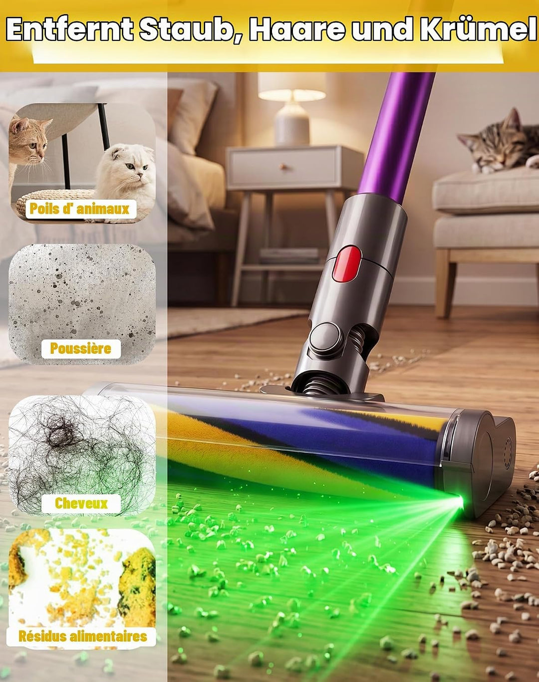 Bürste für Dyson V7 V8 V10 V11 V15 Bodendüse mit LED-Licht und Bürsten-Softwalze für Hartboden Ersat