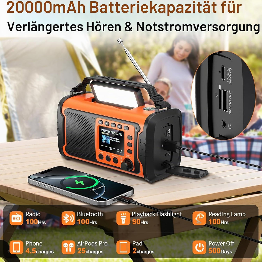 20000mAh DAB+/FM Notfallradio mit Powerbank – Tragbares Solar- &amp; Kurbelradio mit Bluetooth 5.3, SOS,