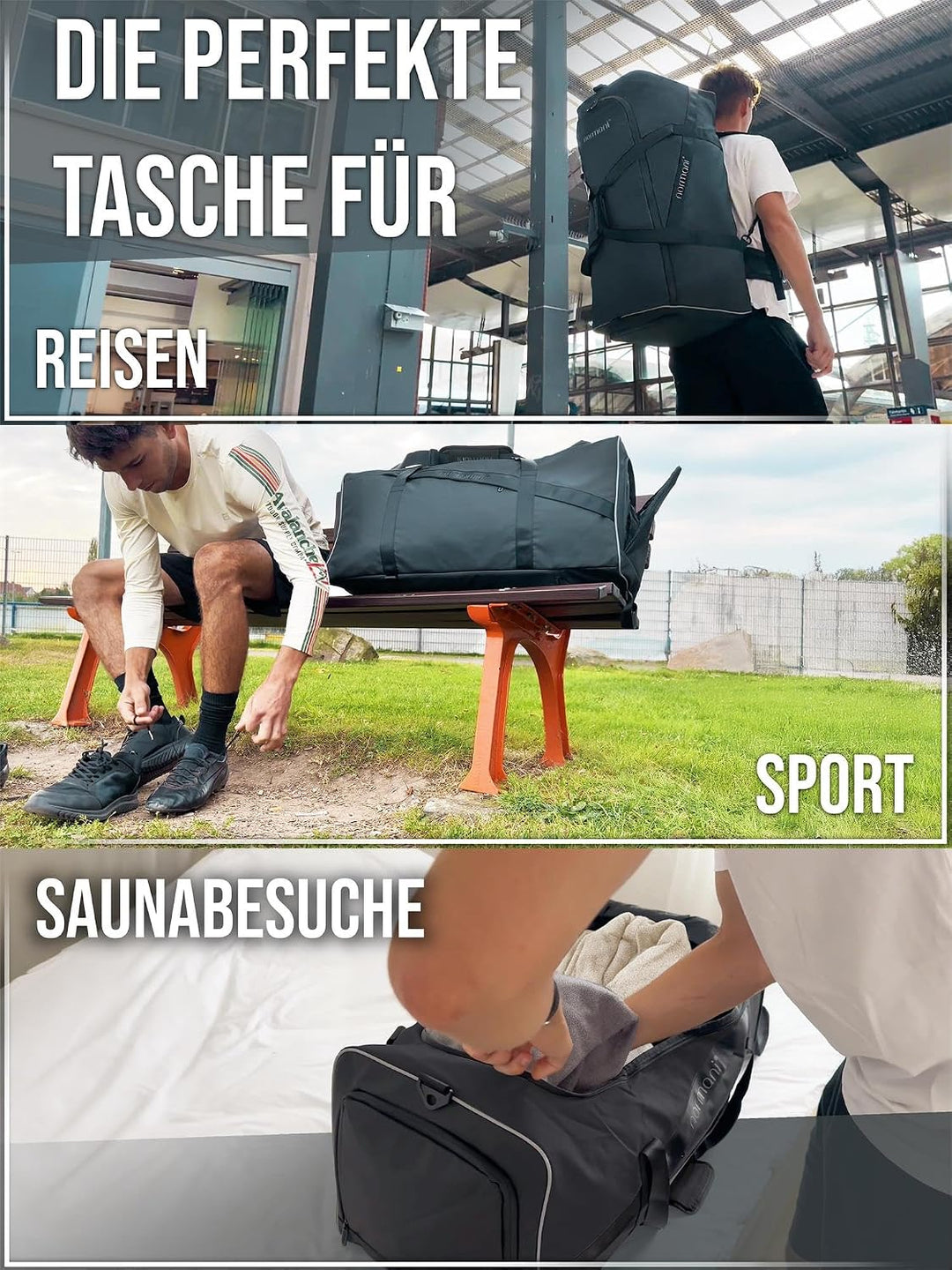 Reisetasche Sporttasche 58 90 oder 120 Liter mit Rucksack-Funktion faltbar mit separatem Nassfach Sc