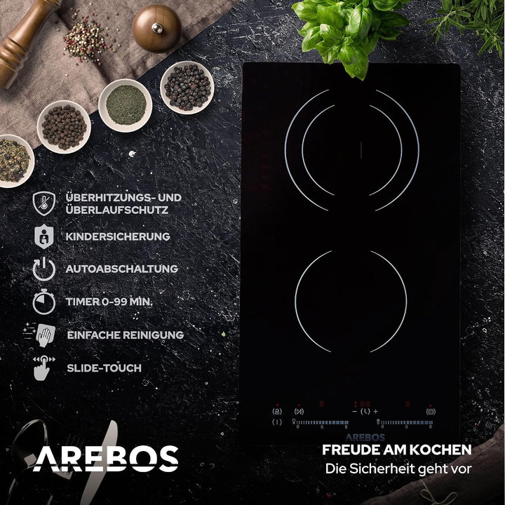 Arebos Glaskeramikkochfeld | 3000 W | 2 Kochfelder | 30cm | autark | mit Sensor Touch | Kindersicher