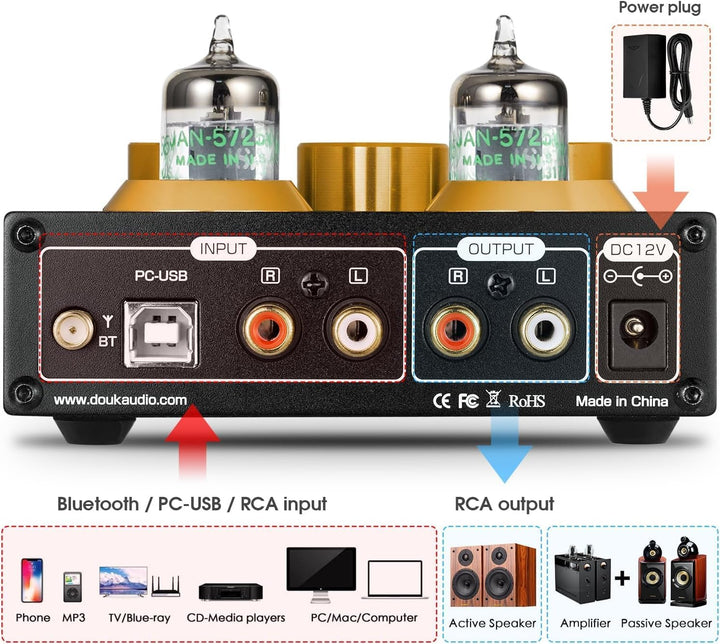 Douk Audio P1 Bluetooth 5.0 HiFi-Verstärker GE5654 Röhrenvorverstärker Valve Tube Preamp Ventil Kopf