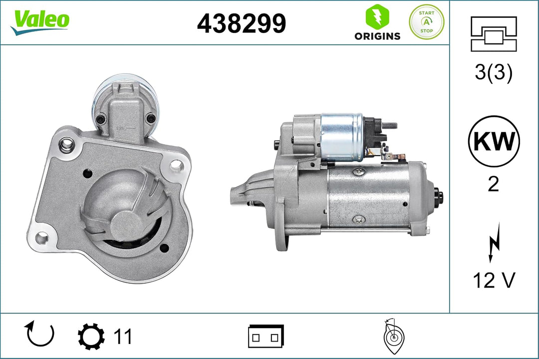 VALEO 438299 Starter Nennleistung: 2 kW Stop &amp; Start: YES Zähnezahl: 11 zähne Spannung: 12 V Drehric