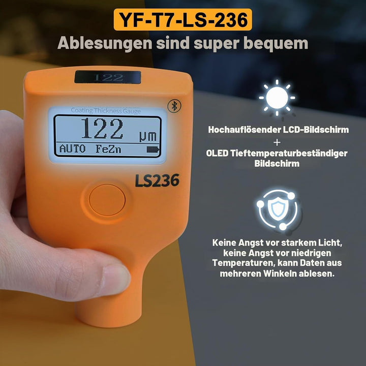 Lackmessgerät Auto, Digitales Lackschichtdickenmessgerät T7-LS-236, Dickenmessgerät mit APP, 0.0~500