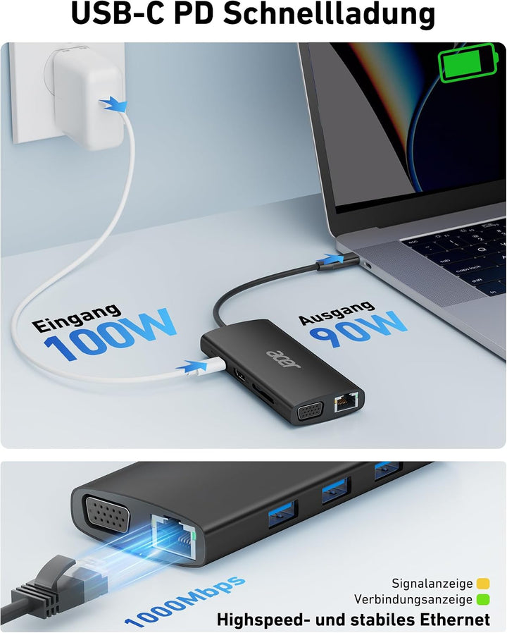 Acer USB-C-Hub mit 4K HDMI, 9-in-1-USB-C-zu-Ethernet-Adapter, 5-Gbps-USB-A-3.1-Dockingstation, PD-10