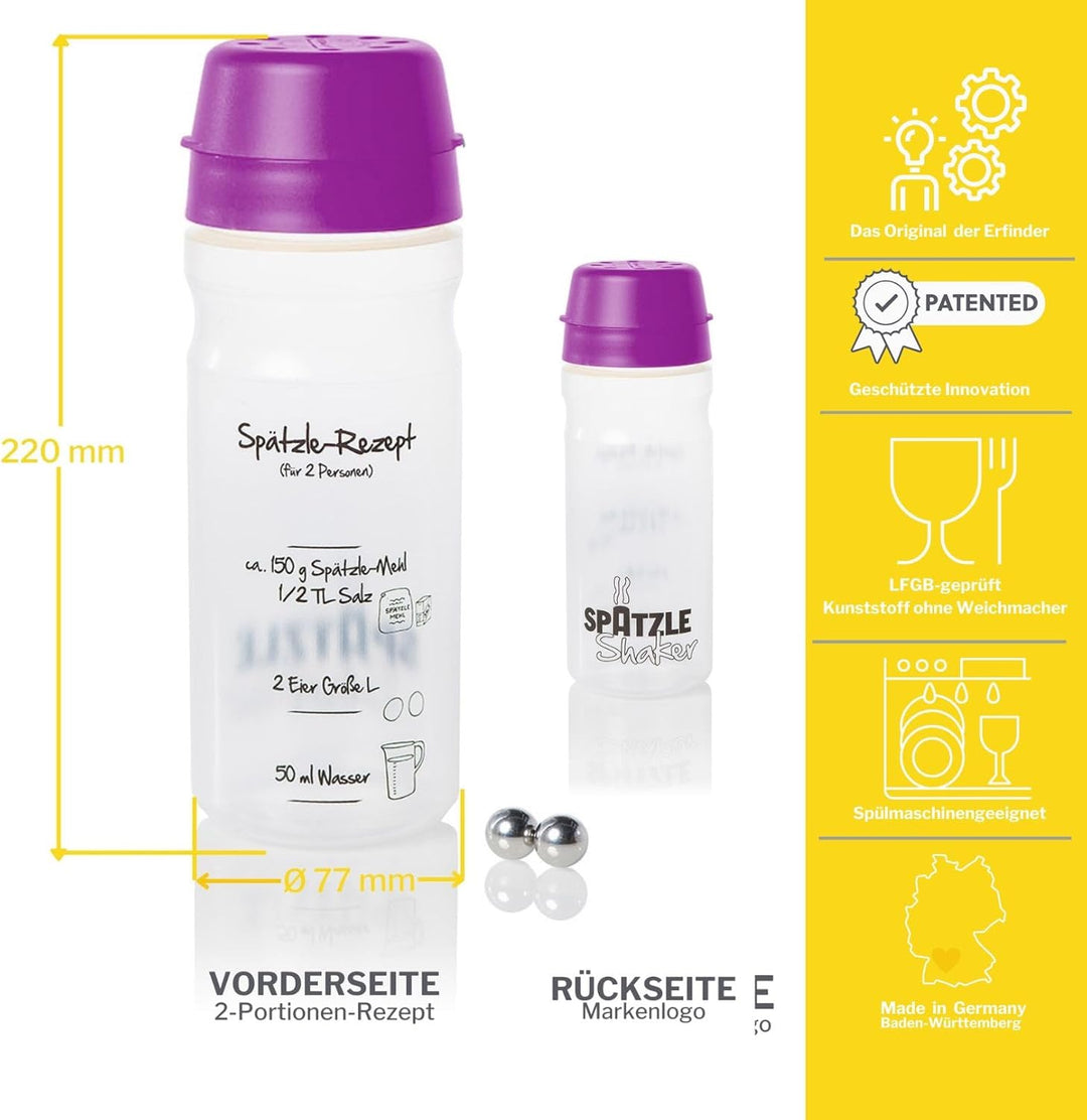 Spätzle-Shaker (LILA) für 2 Portionen selbstgemachte Spätzle (675ml) Spätzlepresse und Mixer in eine