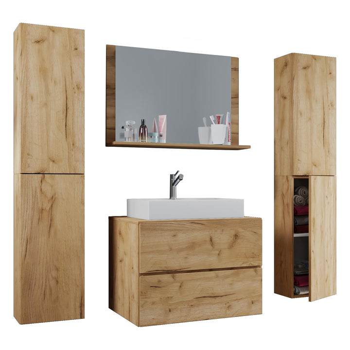 VCM 5-TLG. Waschplatz Waschtisch Badmöbel Set Waschbecken Lendas XL Schublade 80, Honig-Eiche, Honig