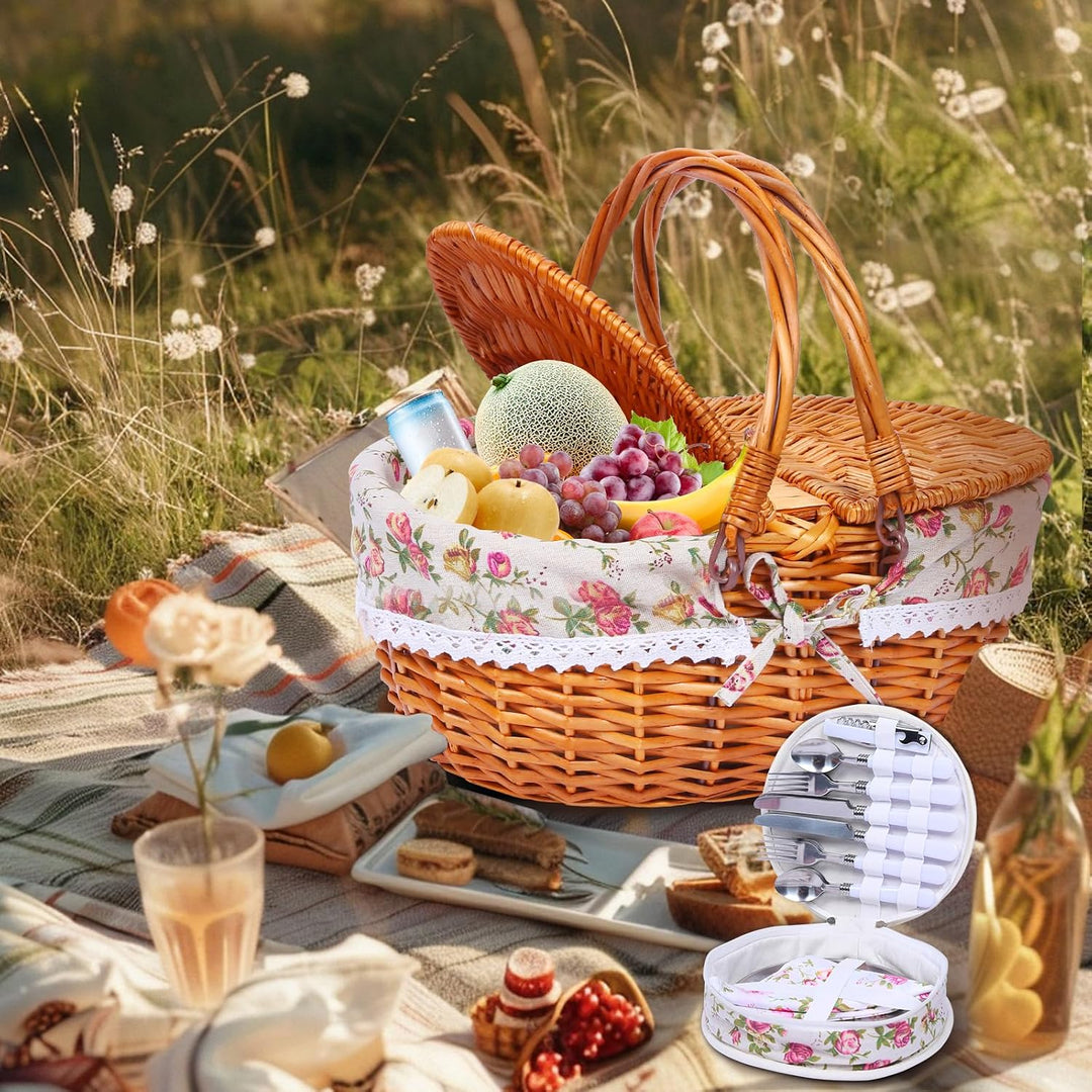 Picknickkorb-Set aus Weide für 4 Personen mit Deckel und Griff. Picknickkorb mit waschbarem Futter u