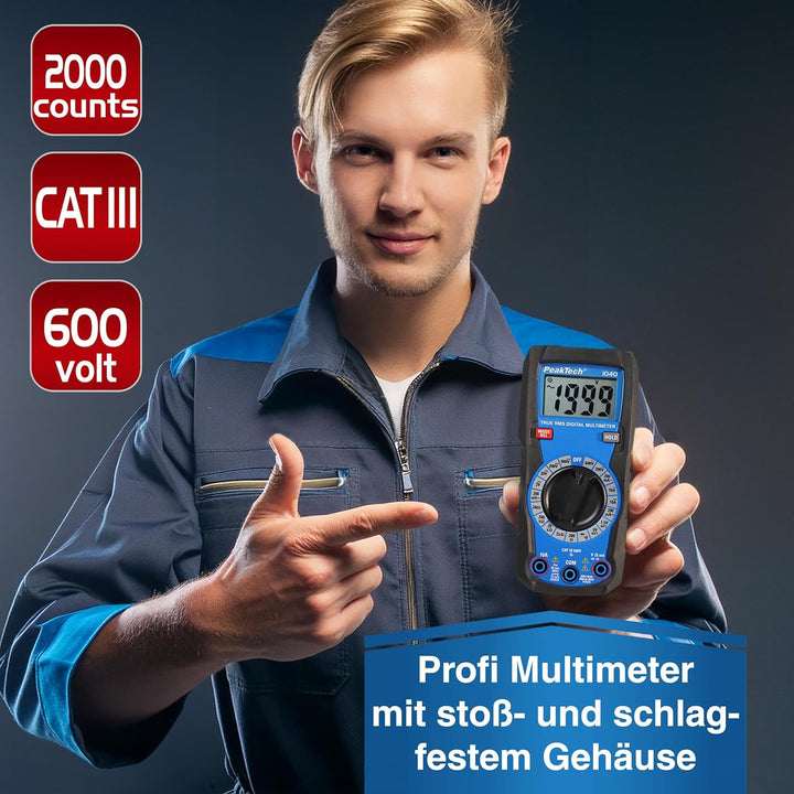 PeakTech 1040 – True RMS Digital Multimeter, Manuell-Range, 2.000 Counts, Durchgangsprüfer, Mehrfach