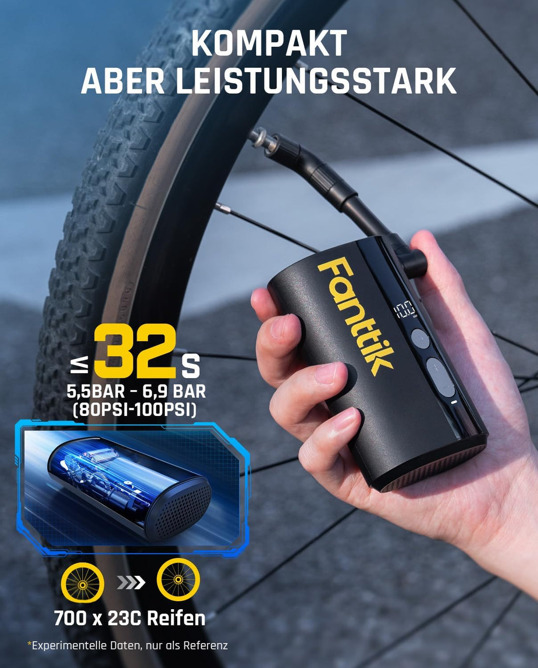 Fanttik X9 Ace Mini Fahrradpumpe, 10,3 Bar Tragbar Akku Fahrradpumpe | 10,3 Bar, 32s Schnellaufblasu