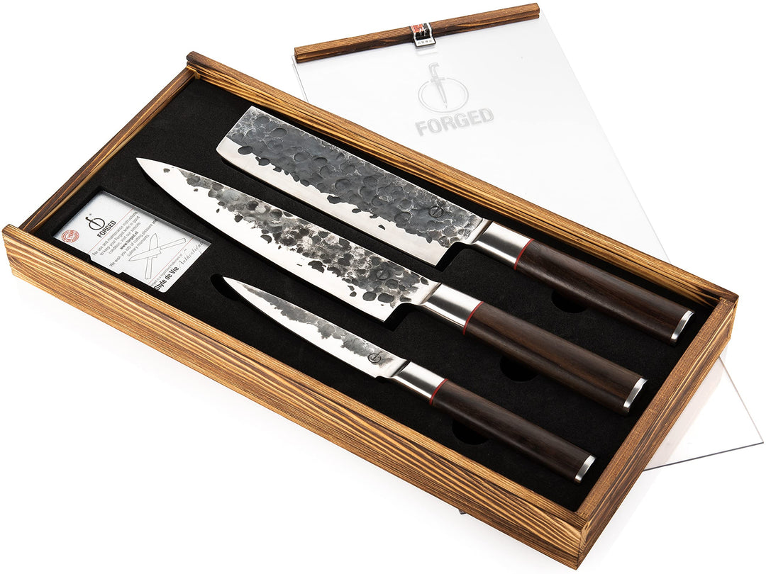Forged Sebra Messerset 3-teilig, handgefertigt, in Holzkiste