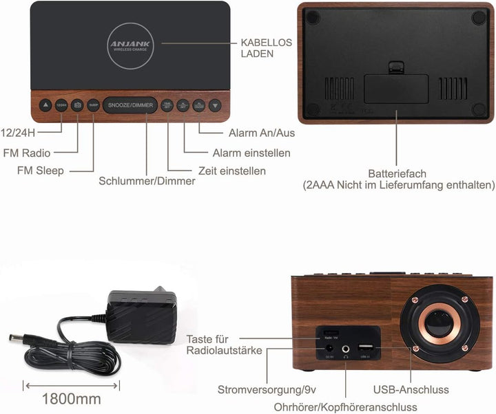 ANJANK Digitaler Radiowecker aus Holz mit Kabelloser Ladestation，10W Fast Wireless Charger for iPhon