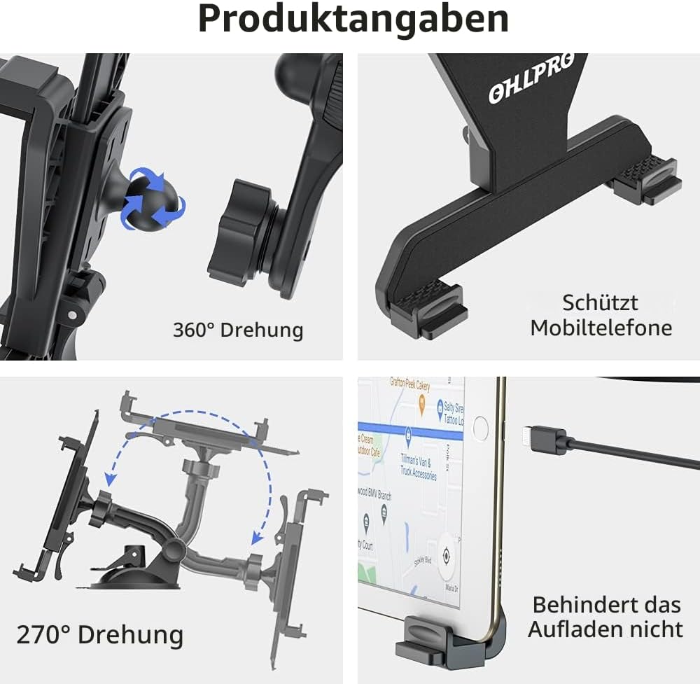 Tablet Halterung Auto, 360° Drehbare Verstellbare iPad Autohalterung, Universal Armaturenbrett Winds