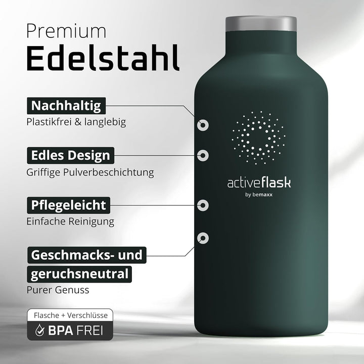 Trinkflasche Edelstahl mit Strohhalm, Infuser + 3 Deckel: BPA-frei, Auslaufsicher, Kohlensäure geeig