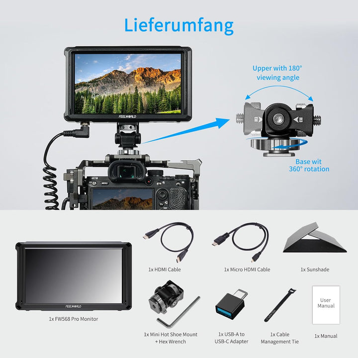 FEELWORLD FW568V3 DSLR Field Monitor 6 Zoll 3D LUT Waveform Vector Scope 1920x1152 4K HDMI Bildschir