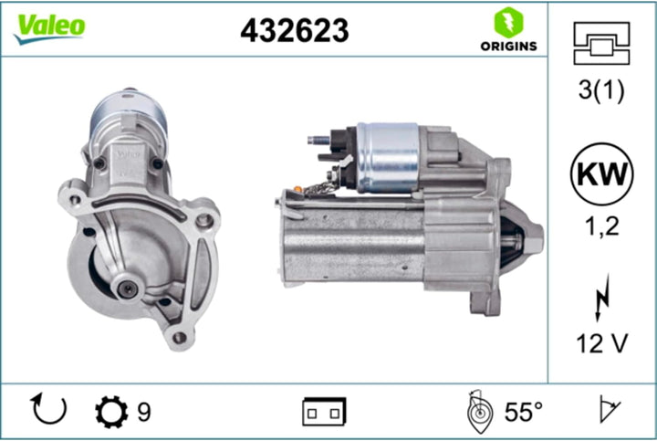 VALEO 432623 Starter Nennleistung: 1,2 kW Stop &amp; Start: NO Zähnezahl: 9 zähne Spannung: 12 V Drehric