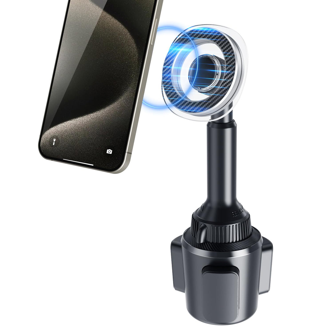 OQTIQ Handyhalterung Auto Getränkehalter – Kompatibel mit Mag-Safe, Lange Auszieharm &amp; 360° Rotation