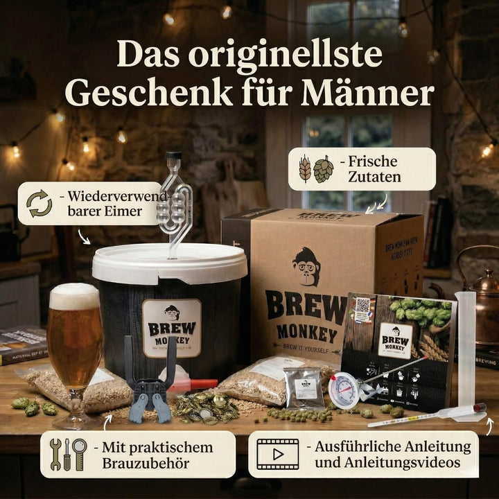 Brew Monkey® Bierbrauset Helles | Komplett Set 5 Liter Bier | 6,4% Vol | Bier Brauen Set | Männerges