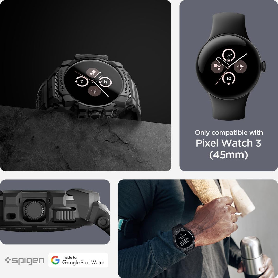 Spigen Rugged Armor Pro Hülle mit Armband Kompatibel mit Google Pixel Watch 3 45mm (2024) - Matt Sch